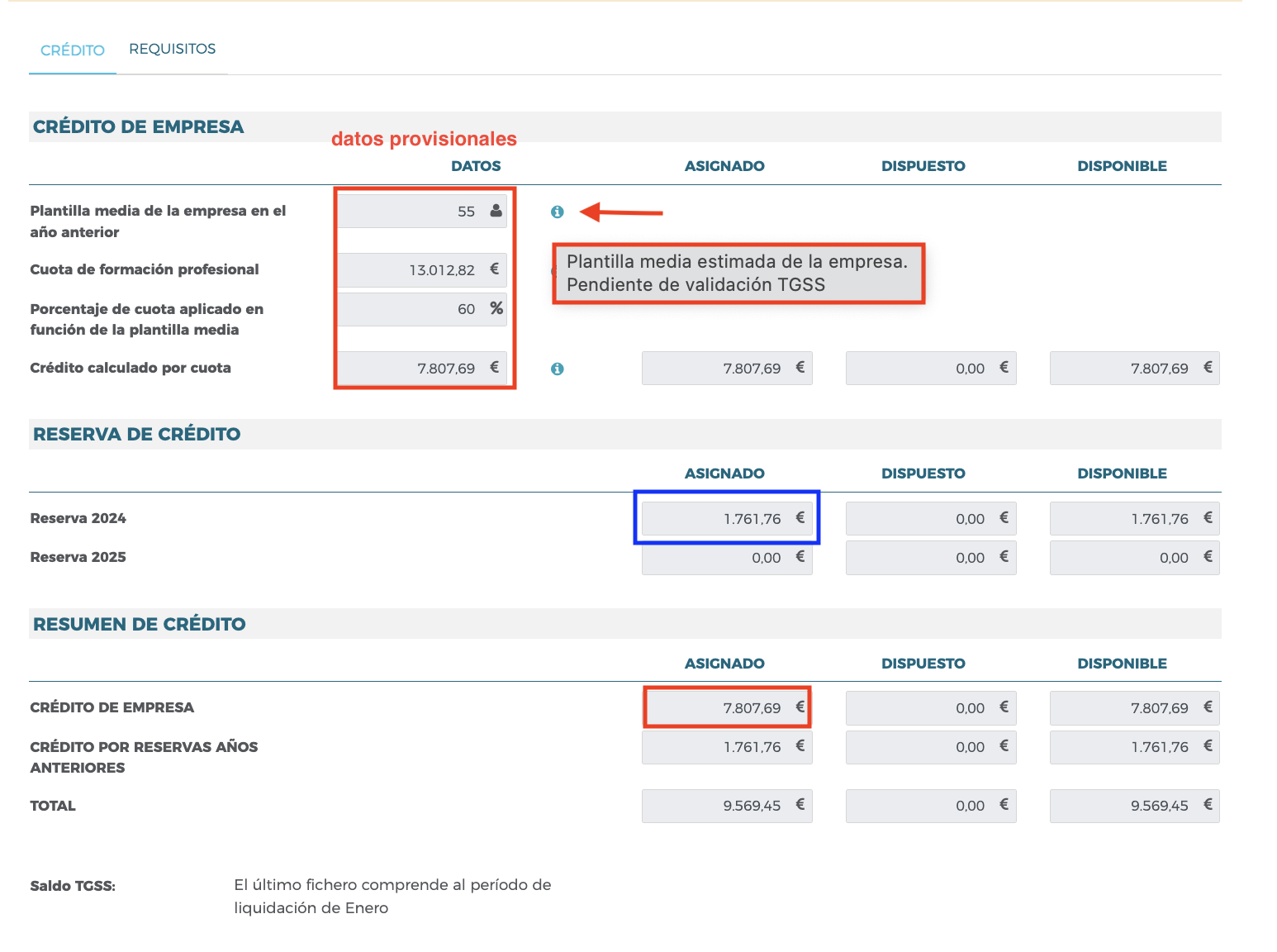 Ejemplo de datos "pendientes de validar"
