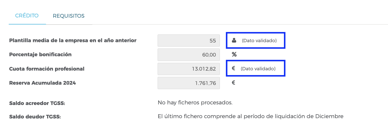 Ejemplo de datos ya validados en el aplicativo de Fundae: la plantilla media y la cuota aparecen marcadas como “Dato validado”.
