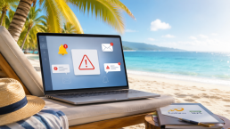Notificaciones FUNDAE durante las vacaciones con avisos urgentes en un ordenador